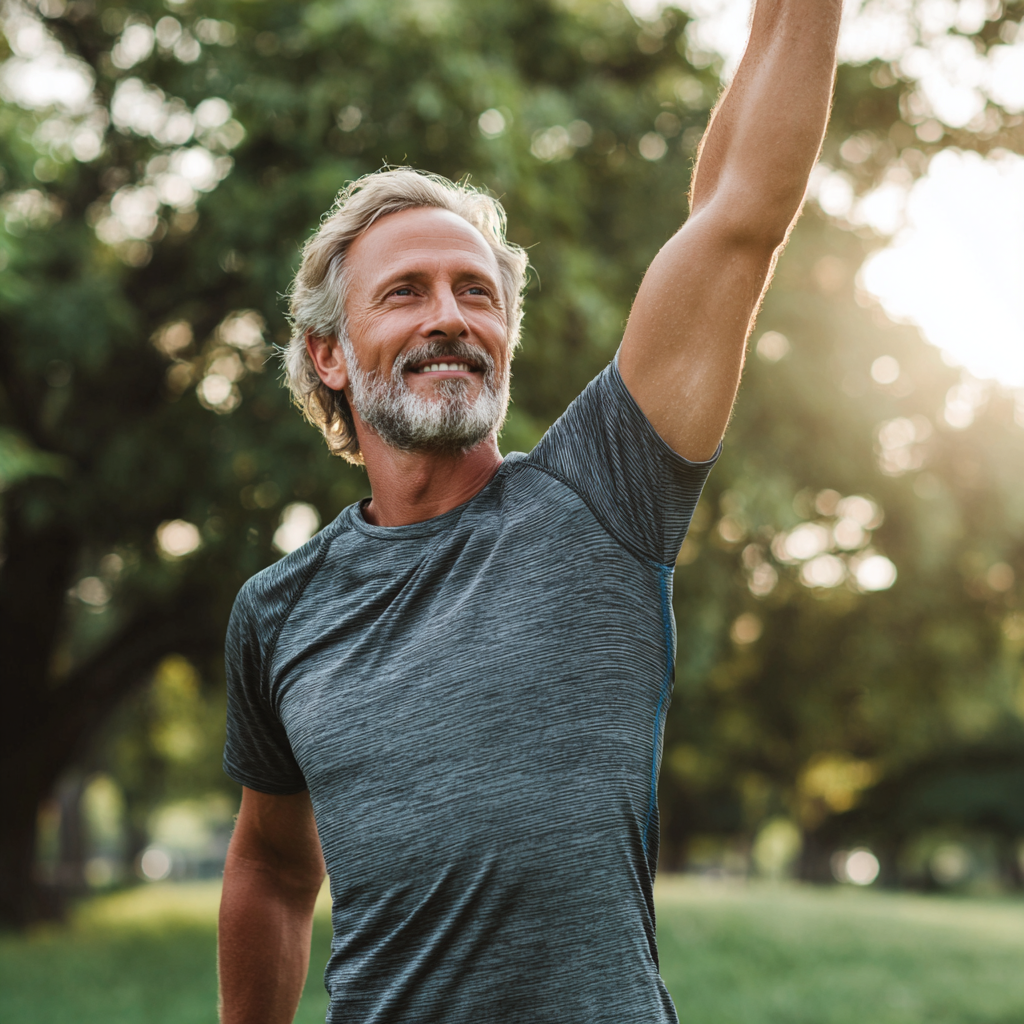 Чоловік у віці 58 років займається спортом у парку, виглядає енергійно та здорово після дотримання плану харчування