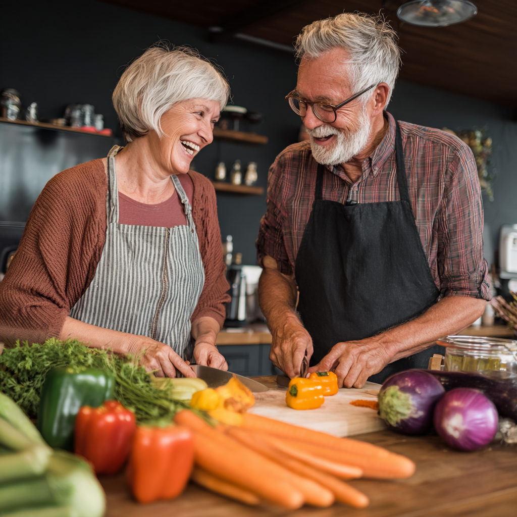 Подружжя у віці 60 років готує здорову їжу разом, усміхаються та виглядають енергійно