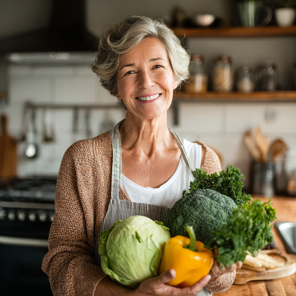Жінка середніх років (55 років) готує здорову їжу на кухні, усміхається та тримає свіжі овочі